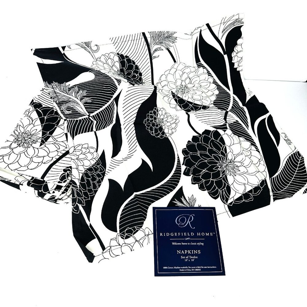 New Ridgefield Home Cloth Napkins Set of 12 18” Black & White Floral 100% Cotton